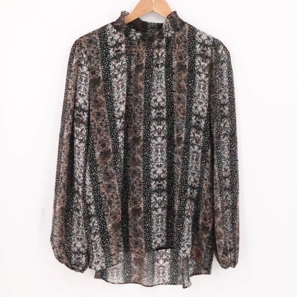 Susan Graver Floral Mock Neck Tunic Top Sheer Cami Built In Long Sleeve Size M